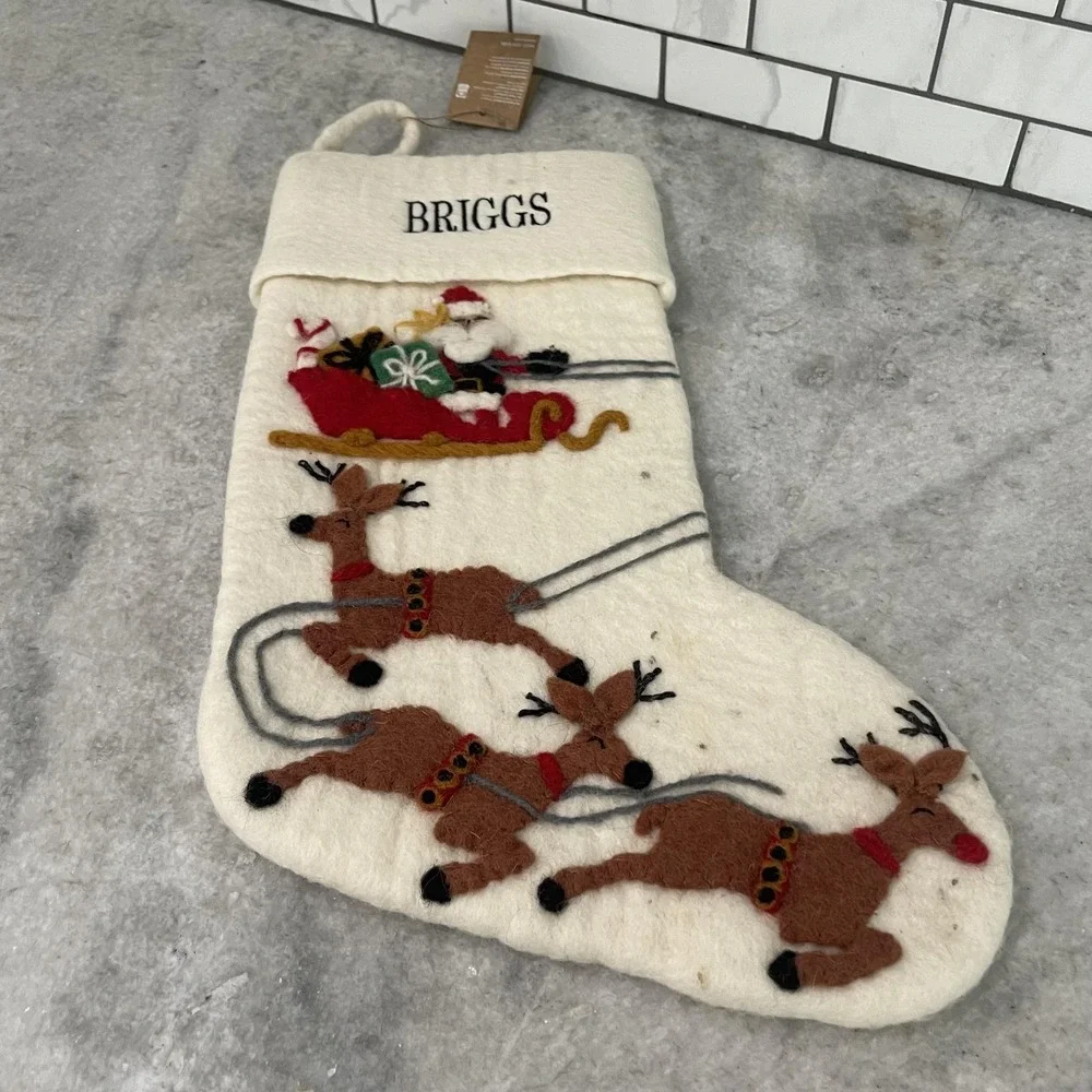 West Elm Christmas Stocking Santa Reindeer White Large Briggs Name Holiday